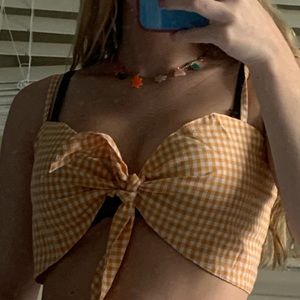 Yellow gingham front tie crop top